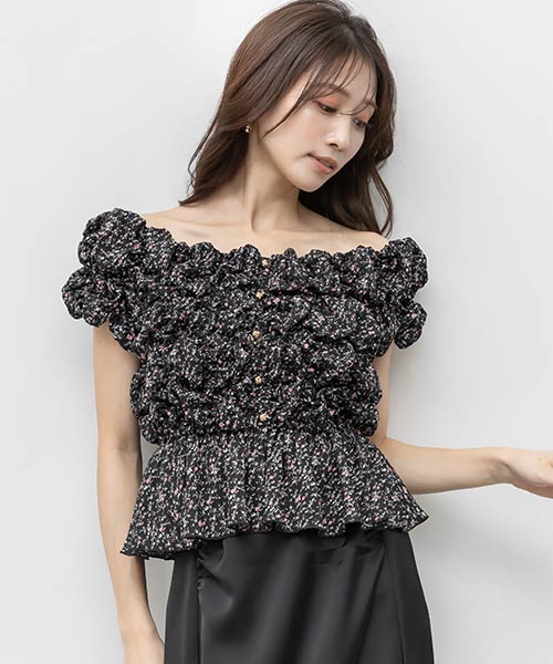 シャーリングオフショルダートップス