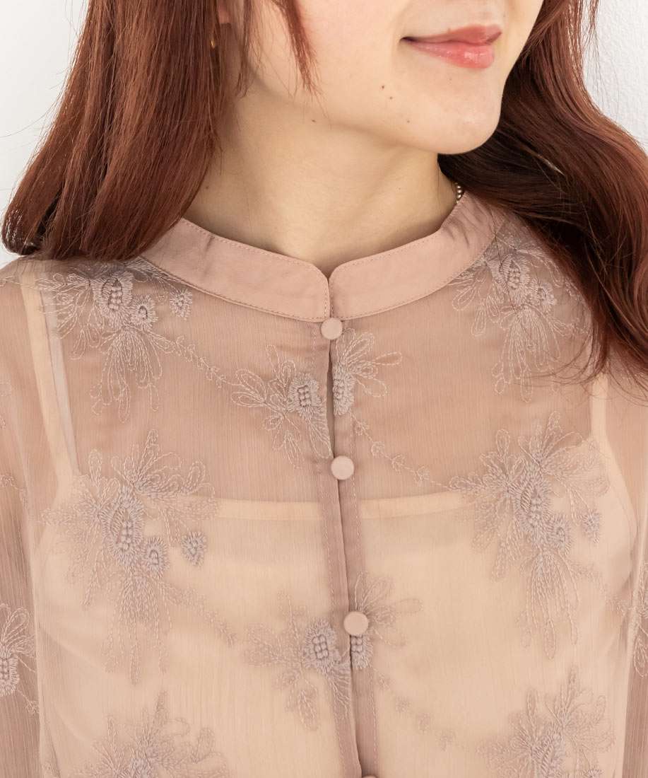 SALE】フラワー刺繍シアーシャツブラウス