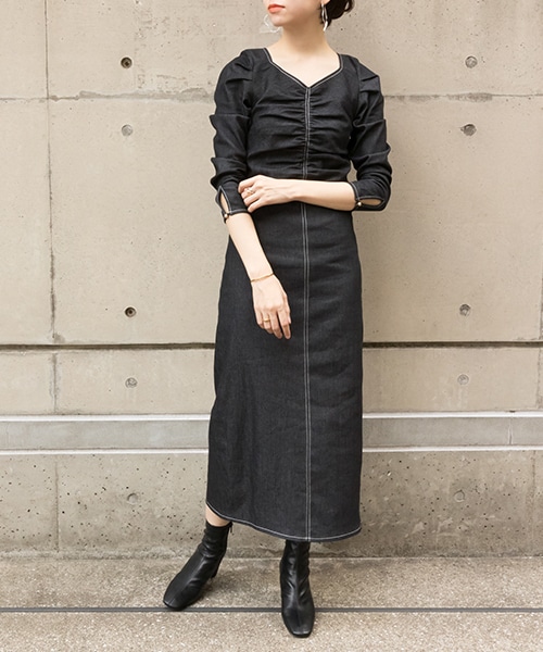 ギャザーデザインデニムワンピースranda公式サイト