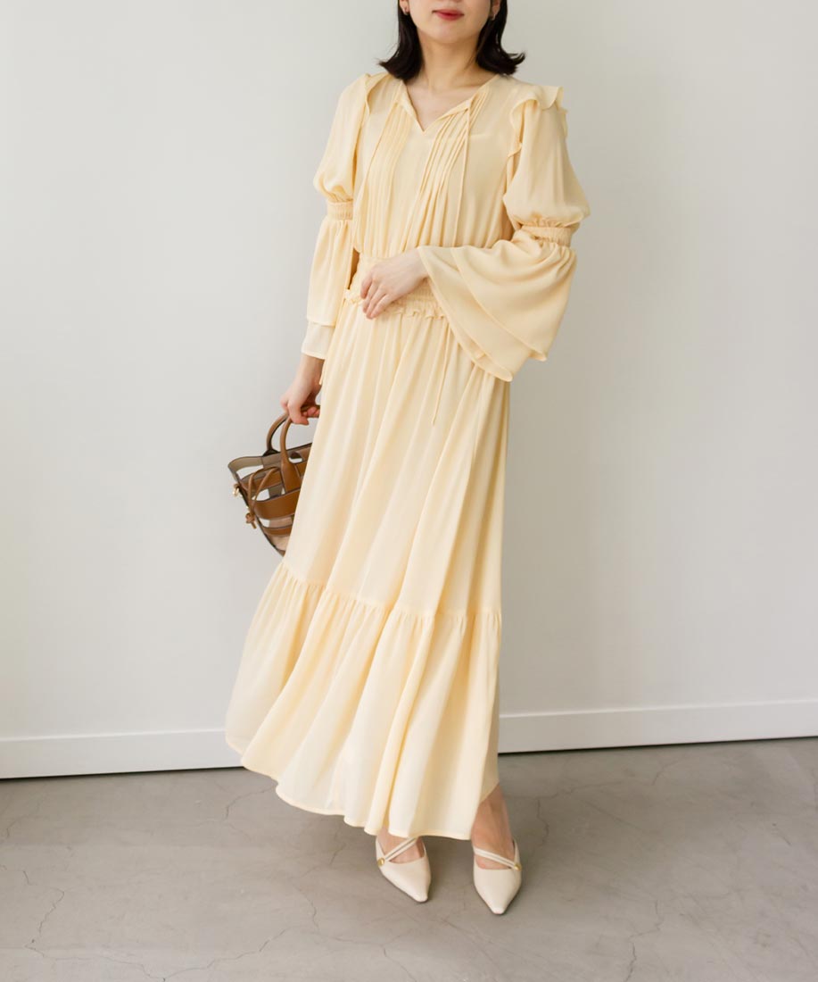 70s vintage dress ロングワンピース　フリル　シフォン