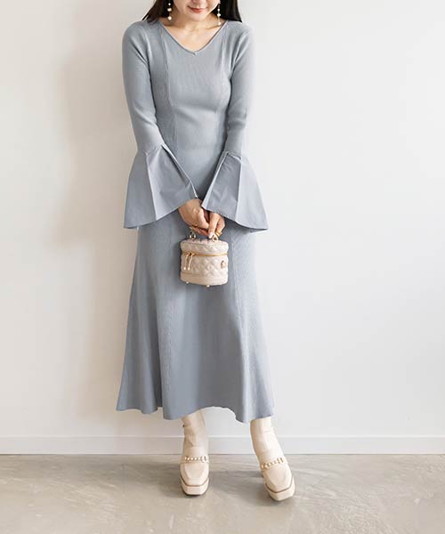【佐藤晴美さん着用】【選べる丈感】フレアスリーブリボンニットワンピース