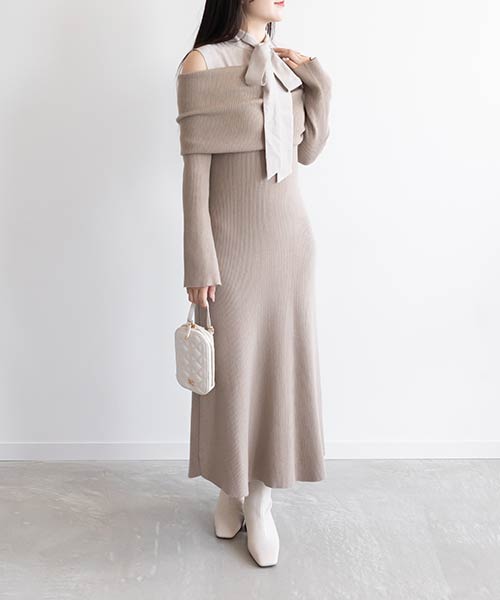 【SALE】2WAY オフショルドッキングニットワンピース