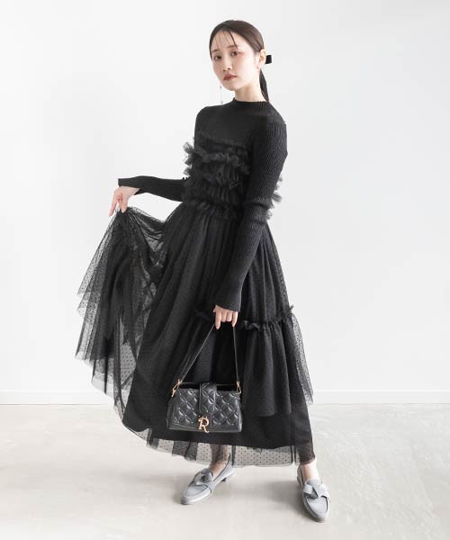 【SALE】【選べる丈感】ボリュームフリルコンビニットワンピース