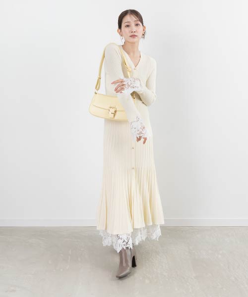 【SALE】【選べる丈感】レースドッキングフロント釦ニットワンピース