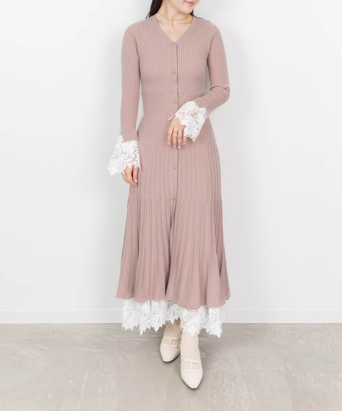 【SALE】【選べる丈感】レースドッキングフロント釦ニットワンピース