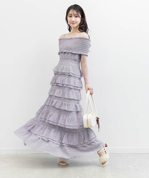 オフショルフリルキャミワンピース