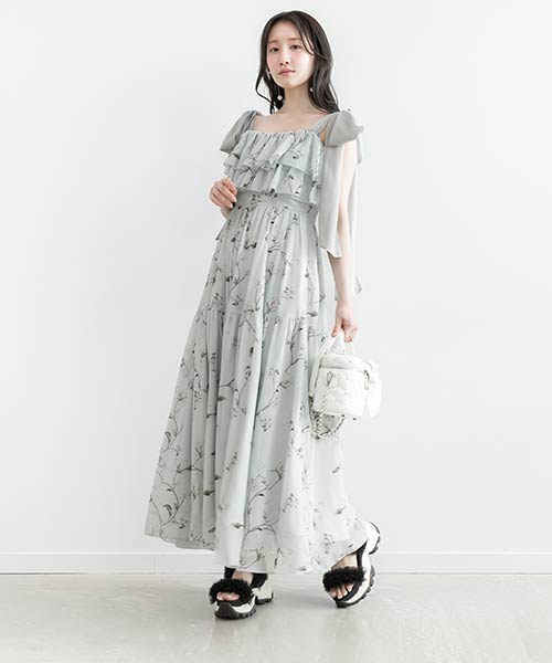 シアーリボンショルダーティアードワンピース