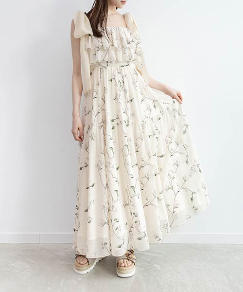 シアーリボンショルダーティアードワンピース