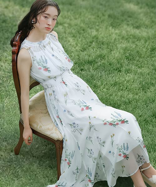 【Botanical Bloom】ボタニカルフラワーシフォンワンピース