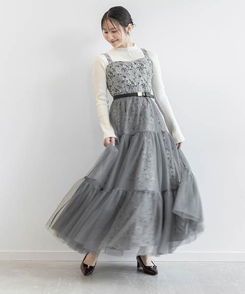 チュールレイヤードジャガードワンピース