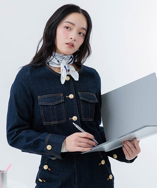 ノーカラーショートデニムジャケット