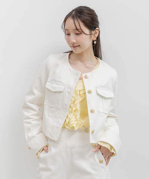 ノーカラーショートデニムジャケット