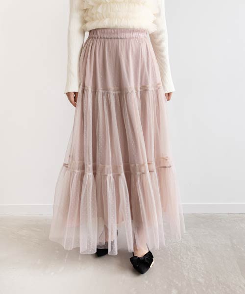 【SALE】【選べる丈感】ドットチュールティアードスカート