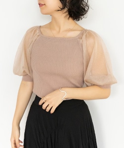 【SALE】袖シースルースクエアネックニット