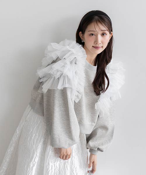 【SALE】【選べる丈感】ボリュームチュールフリルボンディングスウェット