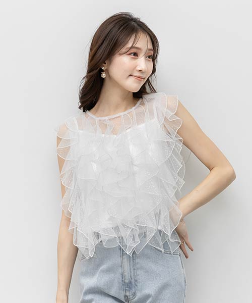 ラメドットチュールフリルブラウス