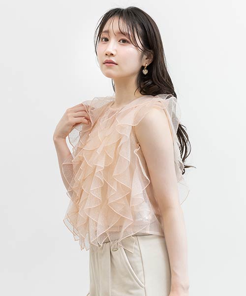 ラメドットチュールフリルブラウス