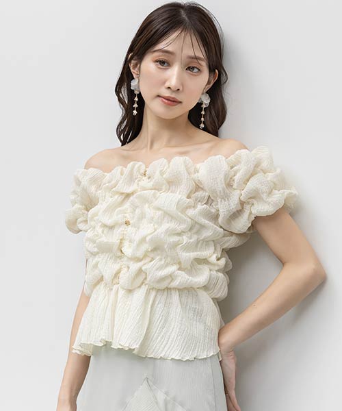 シャーリングオフショルダートップス