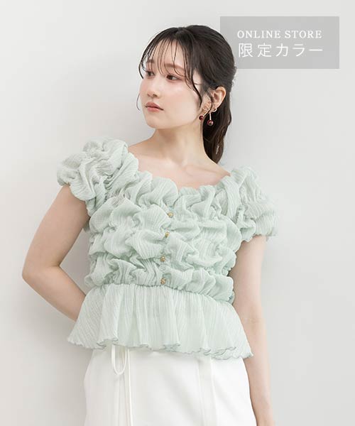 新色/【WEB限定カラーあり】シャーリングオフショルダートップス