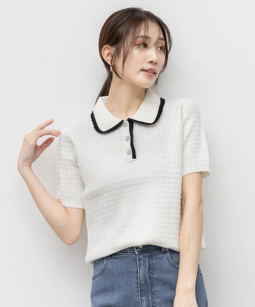 ビジューボタンクロシェ編みポロニット