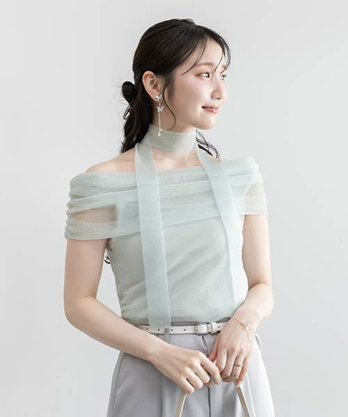 シアーオフショルダーニットトップス