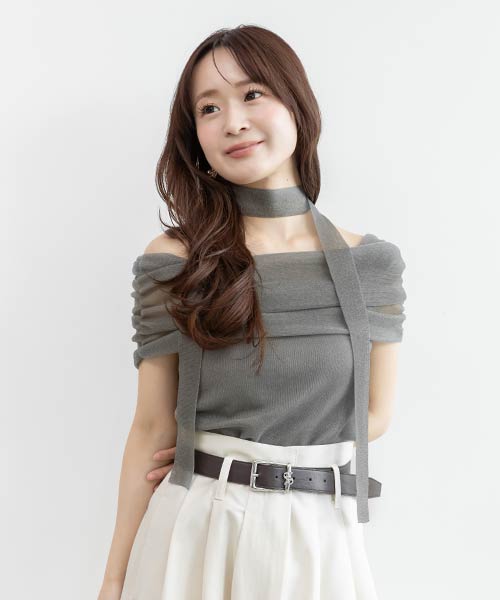 シアーオフショルダーニットトップス