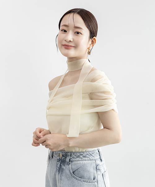 シアーオフショルダーニットトップス