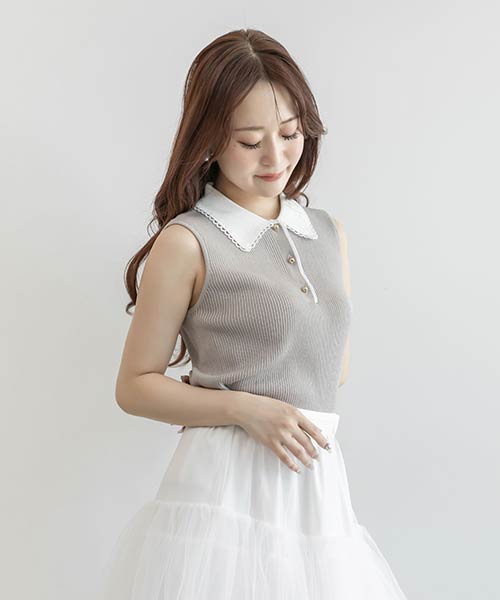 【26AW】スカラップカラーポロニットトップス