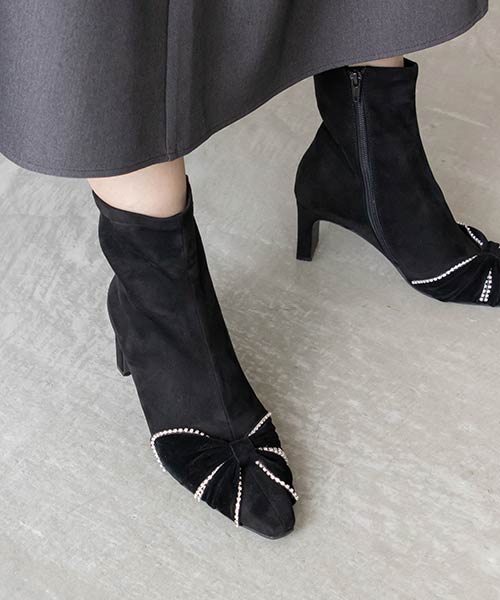 【SALE】ビジューベロアリボンブーツ