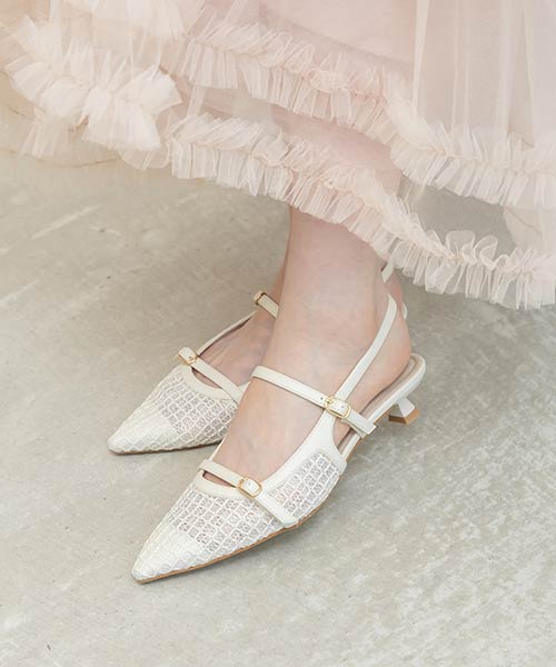 シアーチェックバックストラップパンプス