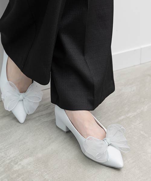 2WAY シアーリボンチャンキーヒールパンプス