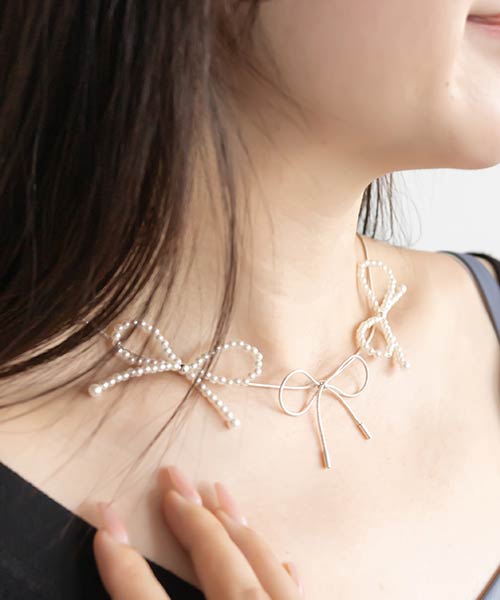 【SALE】パール×メタル リボンモチーフネックレス