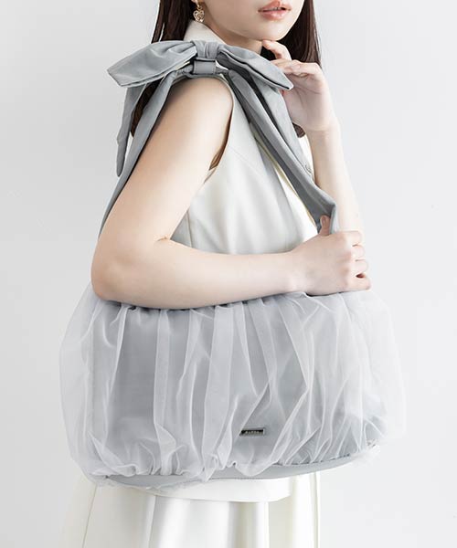 【A4対応】2WAY ビッグリボンチュールトートバッグ
