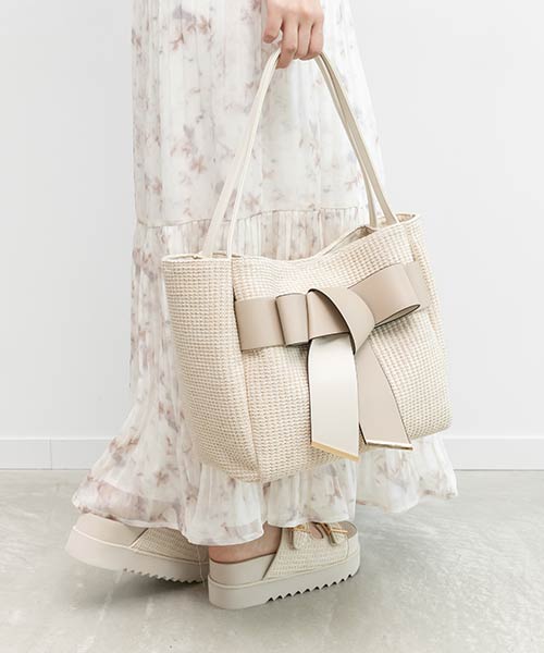 【A4対応】リボンラフィアライクトートバッグ