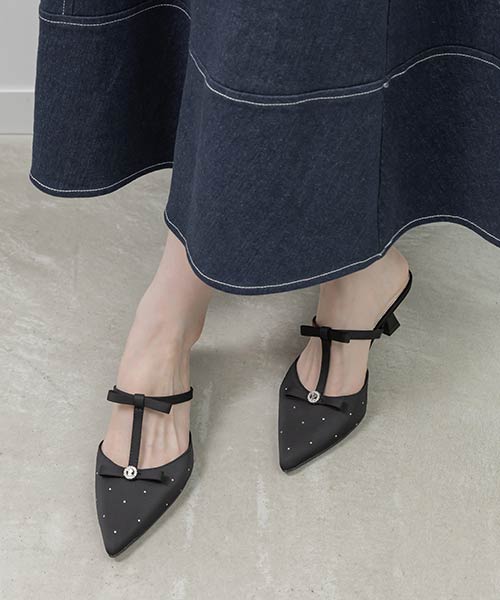 ビジューリボンTストラップミュールパンプス