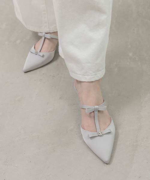 【26SS】ビジューリボンTストラップミュールパンプス