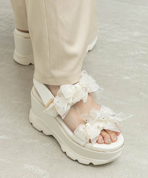 シアーミニリボンウェッジスポーツサンダル