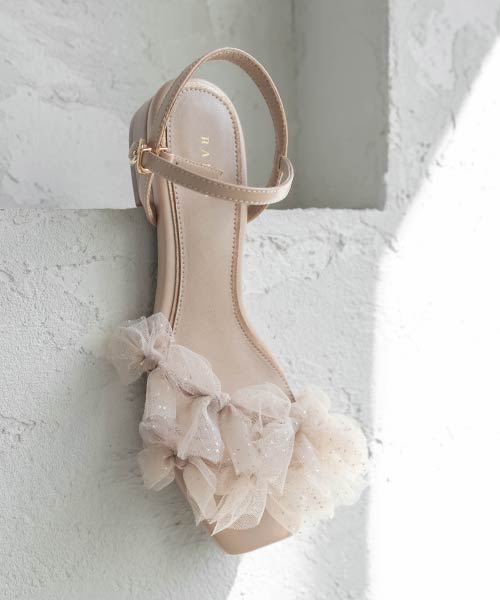 チュールリボンフラットストラップサンダル