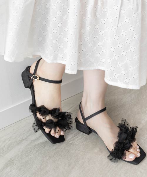 チュールリボンフラットストラップサンダル