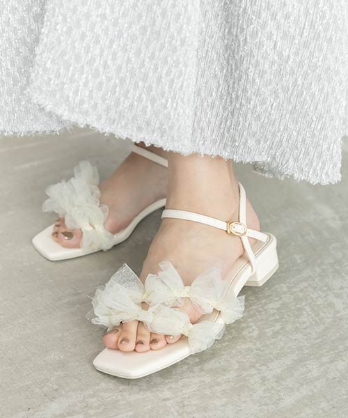 チュールリボンフラットストラップサンダル