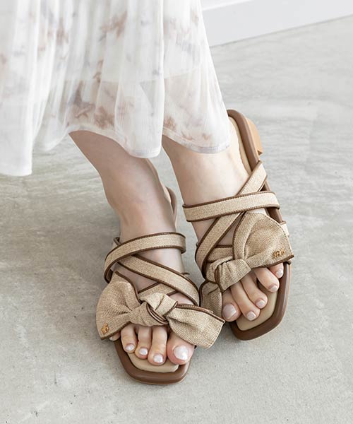 ナチュラルリボンフラットサンダル