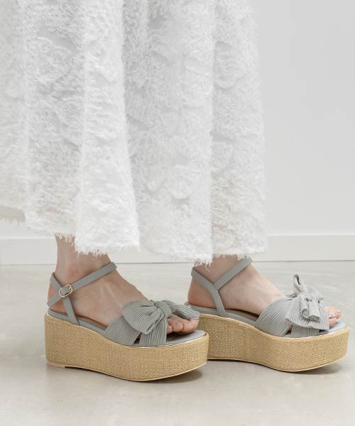 プリーツリボンデザインウェッジサンダル