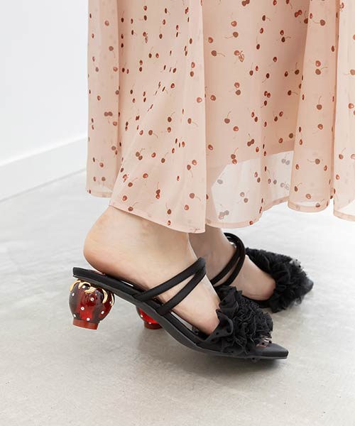 【Cherry＆Strawberry】ストロベリーヒールフリルミュールサンダル