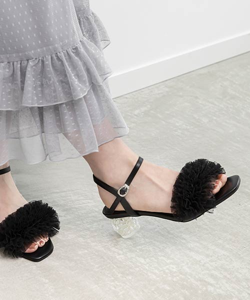 ラメチュールフリルヒールコンシャスサンダル