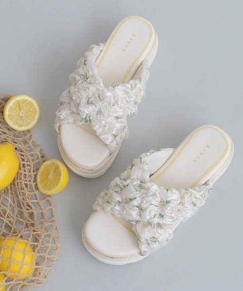 【Lemon Collection】レモンプリントシャーリングベルトサンダル